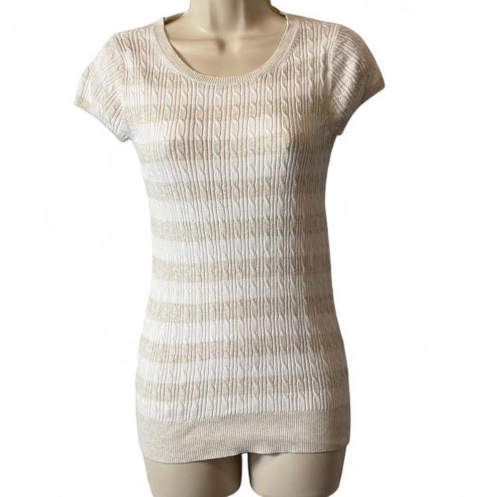 Gap 2007 Short Sleeve Cable Knit Tan & White Striped Sweater, Women's‎ Size S